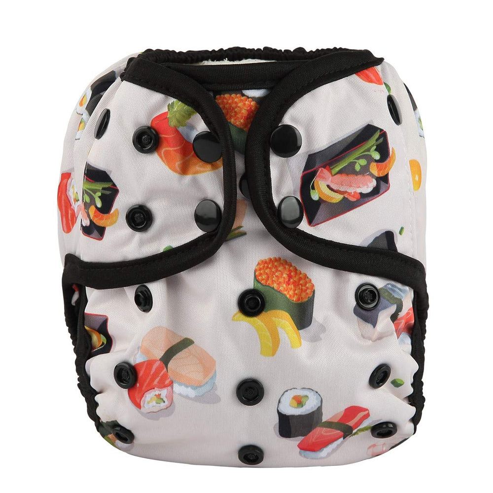 Sigzagor Baby Diaper Cover Sushi front view; adjustable fit for growing babies.