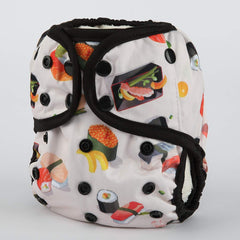 Sigzagor Sushi diaper cover worn on a baby for all-day comfort.