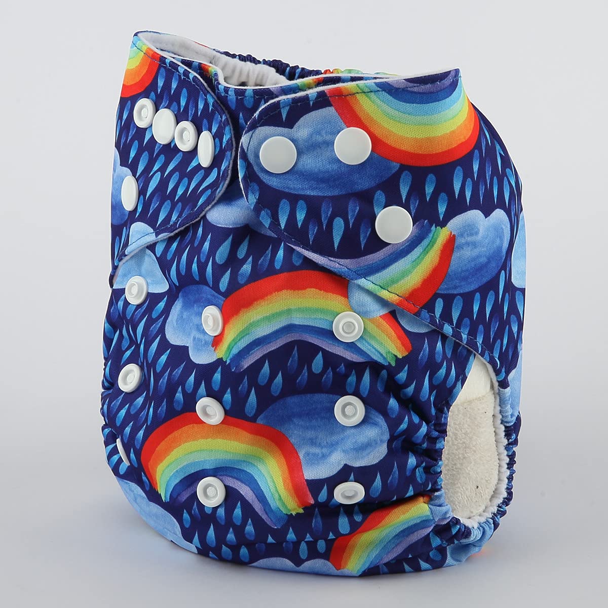 Sigzagor Rainbow Rain diaper showing hip and crossover snaps to prevent wing droop.