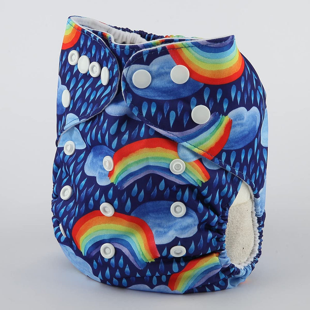 Sigzagor Rainbow Rain diaper showing hip and crossover snaps to prevent wing droop.