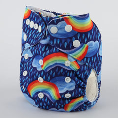 Sigzagor Rainbow Rain diaper showing hip and crossover snaps to prevent wing droop.
