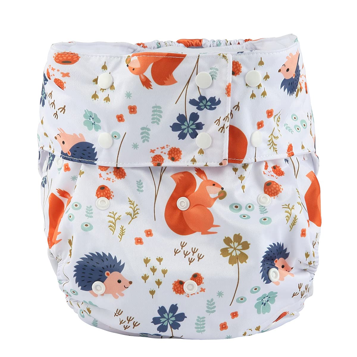 Sigzagor Squirrel Flowers diaper closeup—soft PUL and microfiber fleece for daily comfort.