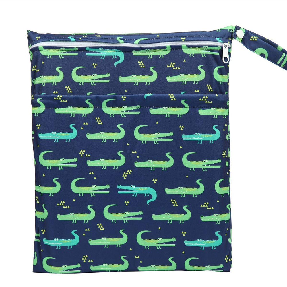 Sigzagor wet bag with green crocodiles design holds wet diapers and keeps items organized