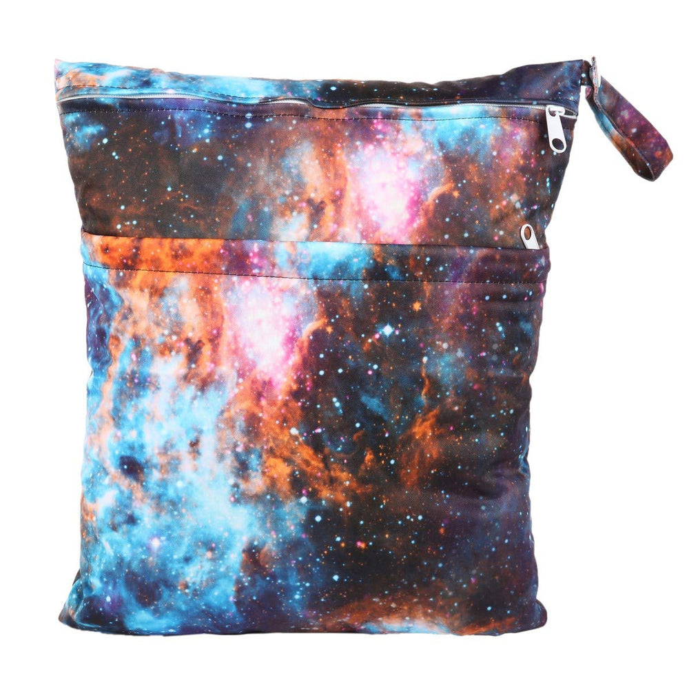 Sigzagor wet dry bag for baby diapers with outer-space design, keeps mess contained.