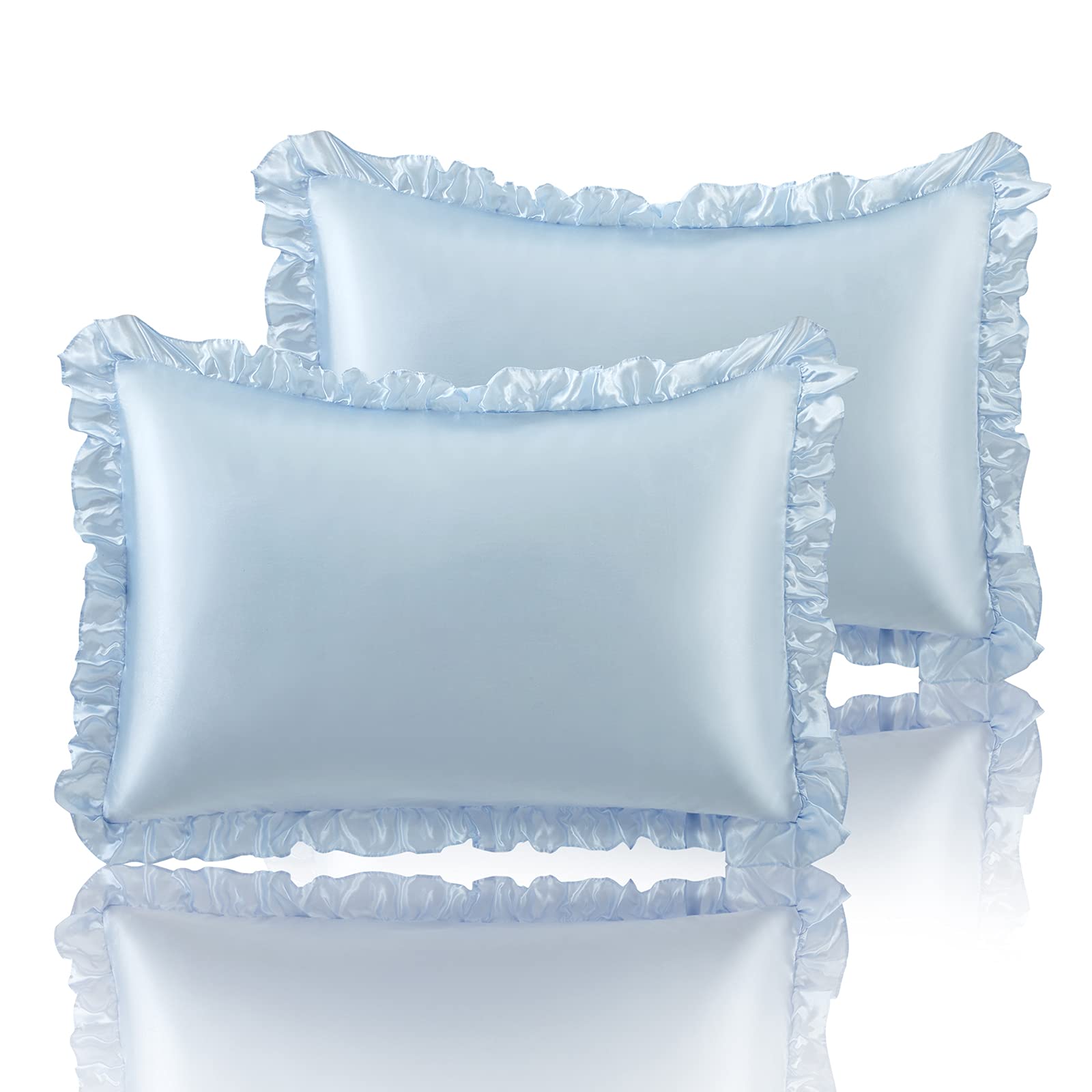 SiinvdaBZX ruffled king satin pillowcases in baby blue, 2-pack for silky comfort.