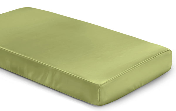 SiinvdaBZX satin crib sheet in sage green folded, soft and skin-friendly texture.