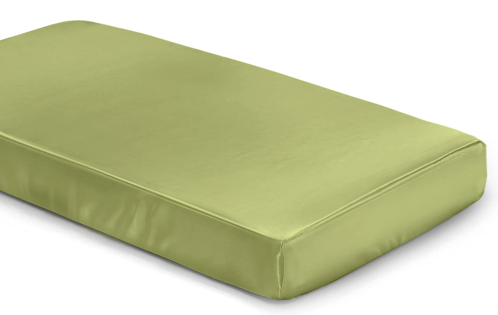 SiinvdaBZX satin crib sheet in sage green folded, soft and skin-friendly texture.