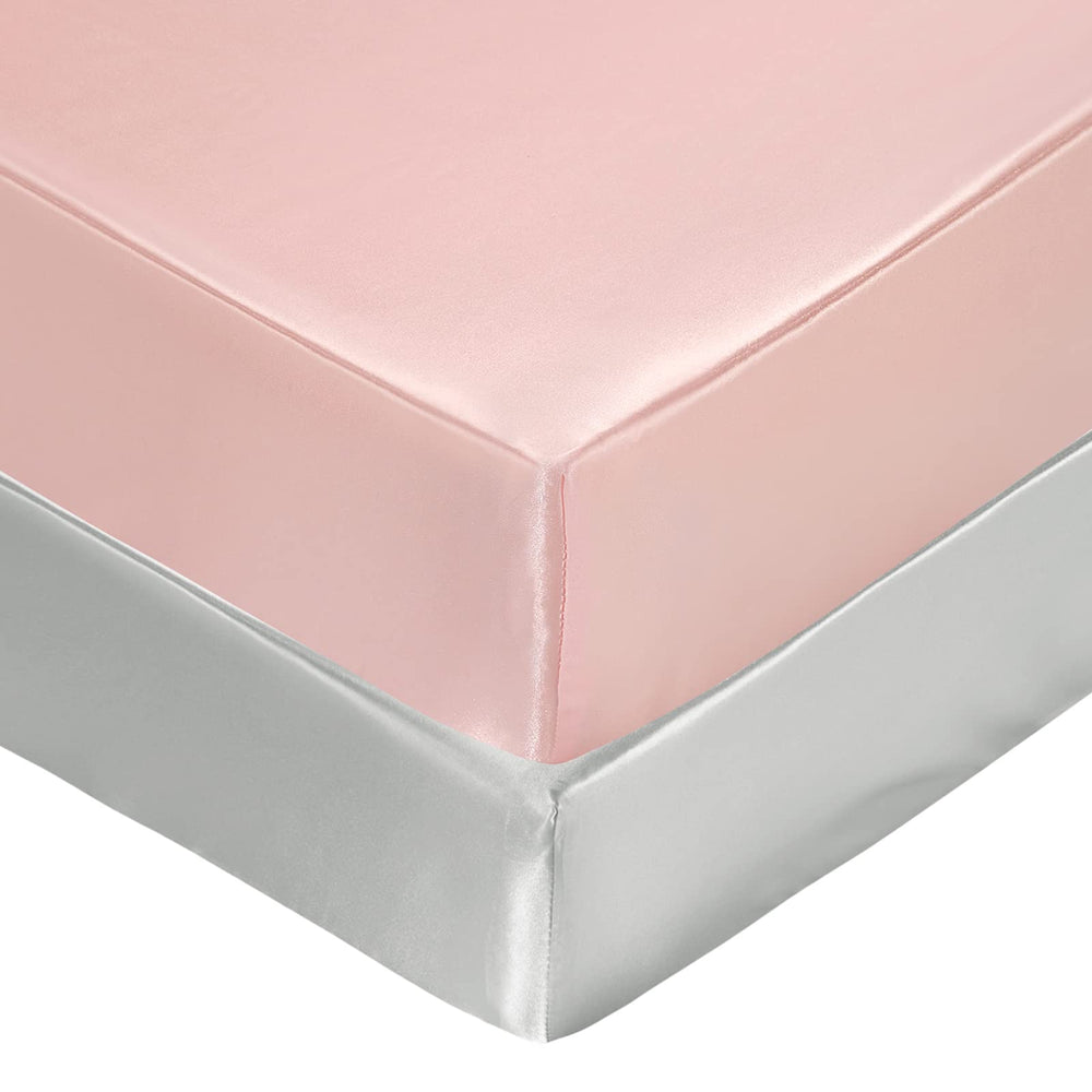 Two-tone light grey and pink SiinvdaBZX satin crib sheets for nursery aesthetics