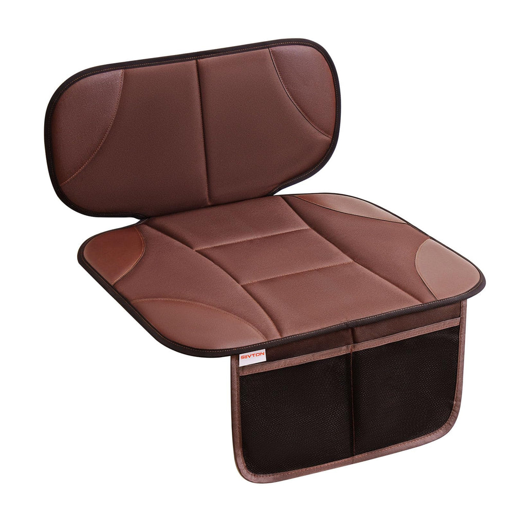 Siivton baby car seat protector with thick padding protects upholstery from indentations during car rides.