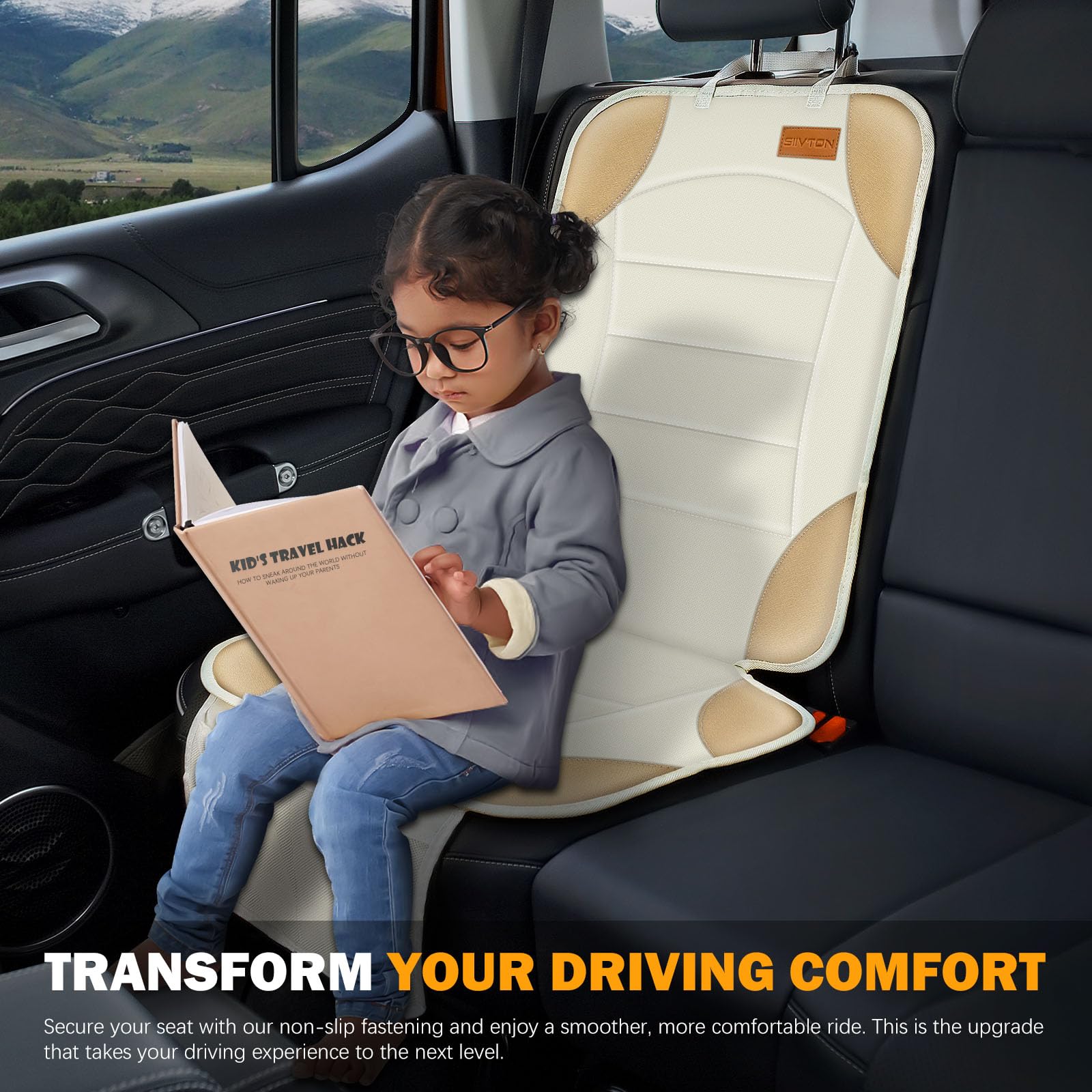 Siivton car seat protector storage-pockets keep bottles and toys organized.