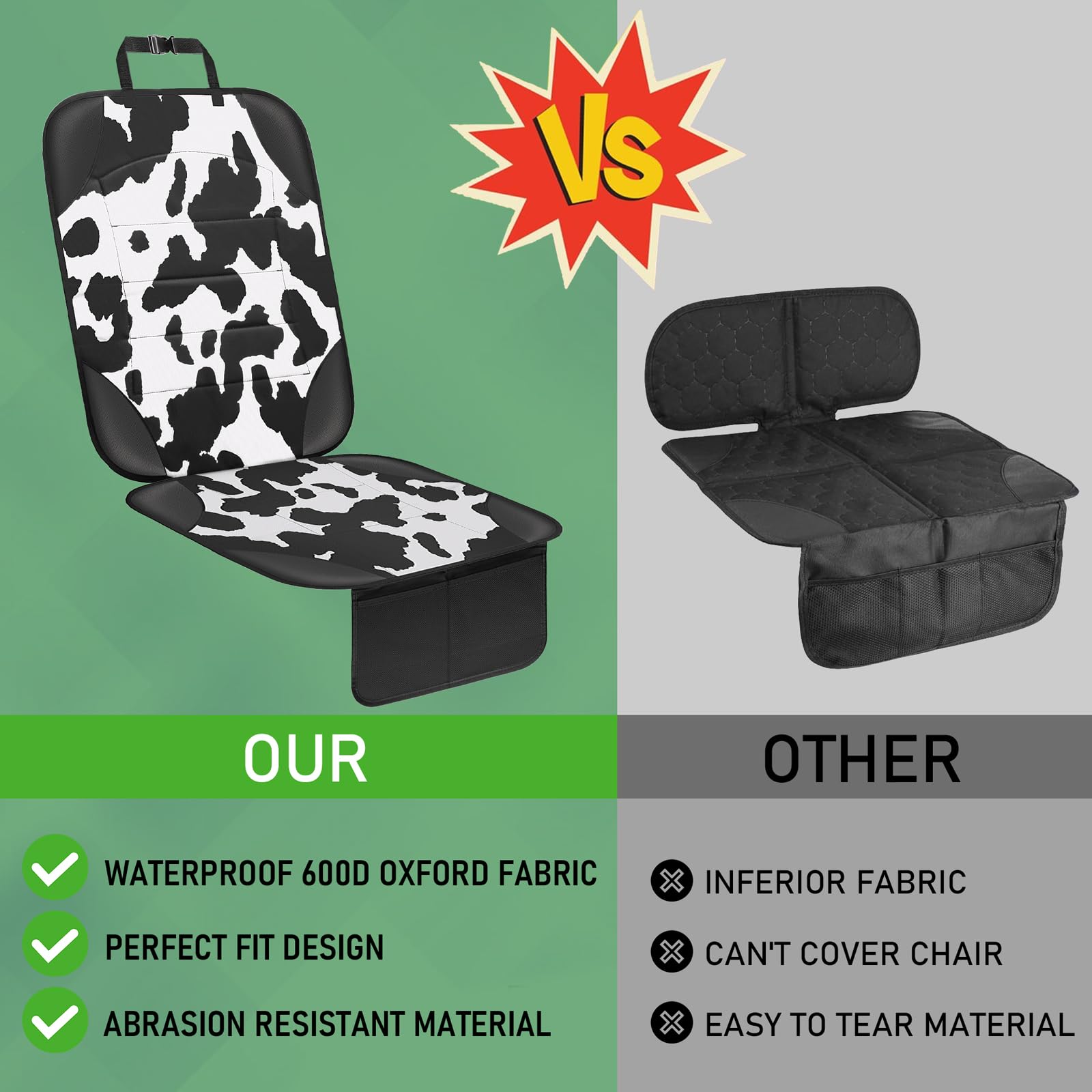 Siivton cow print fabric close-up emphasizes premium waterproof material.