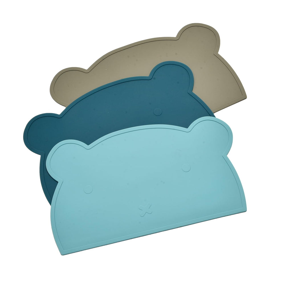 SILI FACTORY silicone bear placemat in blue, front view for toddler meals, mess-free dining.