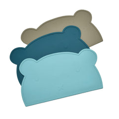 SILI FACTORY silicone bear placemat in blue, front view for toddler meals, mess-free dining.