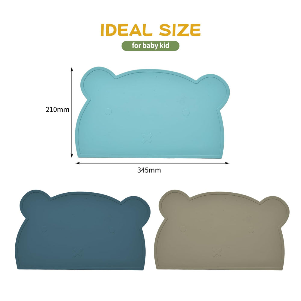 SILI FACTORY silicone bear placemat in blue, two mats laid out for family meals.