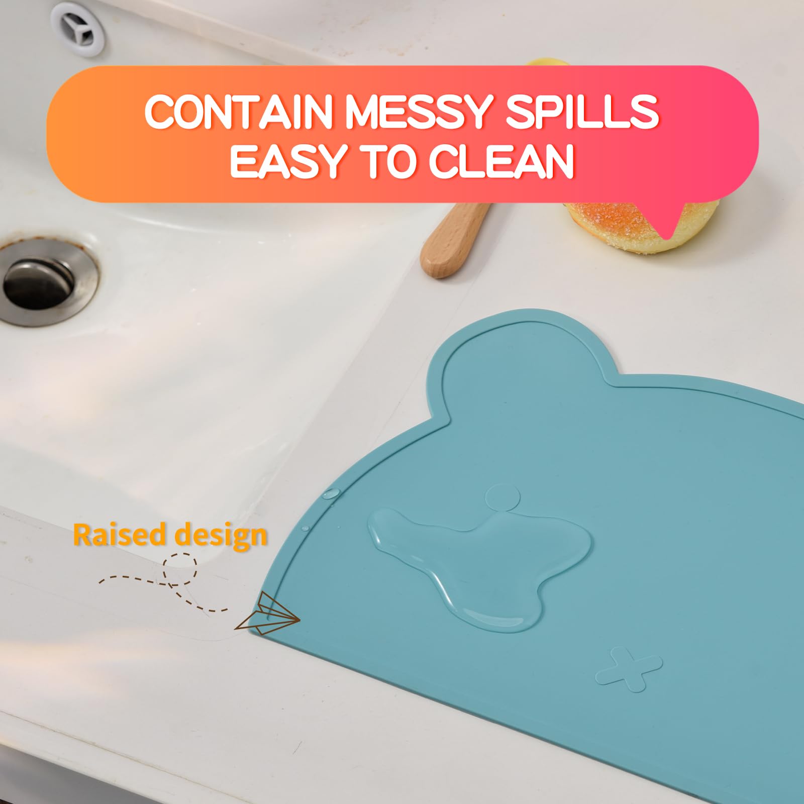 SILI FACTORY silicone bear placemat with toddler using it during mealtime.