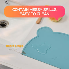 SILI FACTORY silicone bear placemat with toddler using it during mealtime.