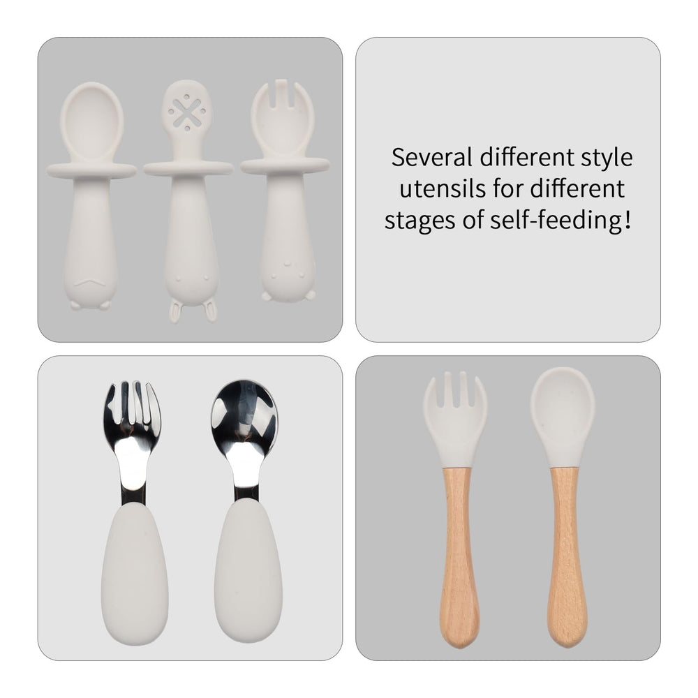 SILI FACTORY silicone fork and spoon set offers gentle tips for initial self-feeding.