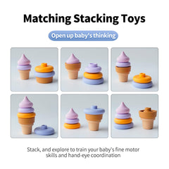 SILI FACTORY silicone toy blue ice cream rings, safe for teething exploration.