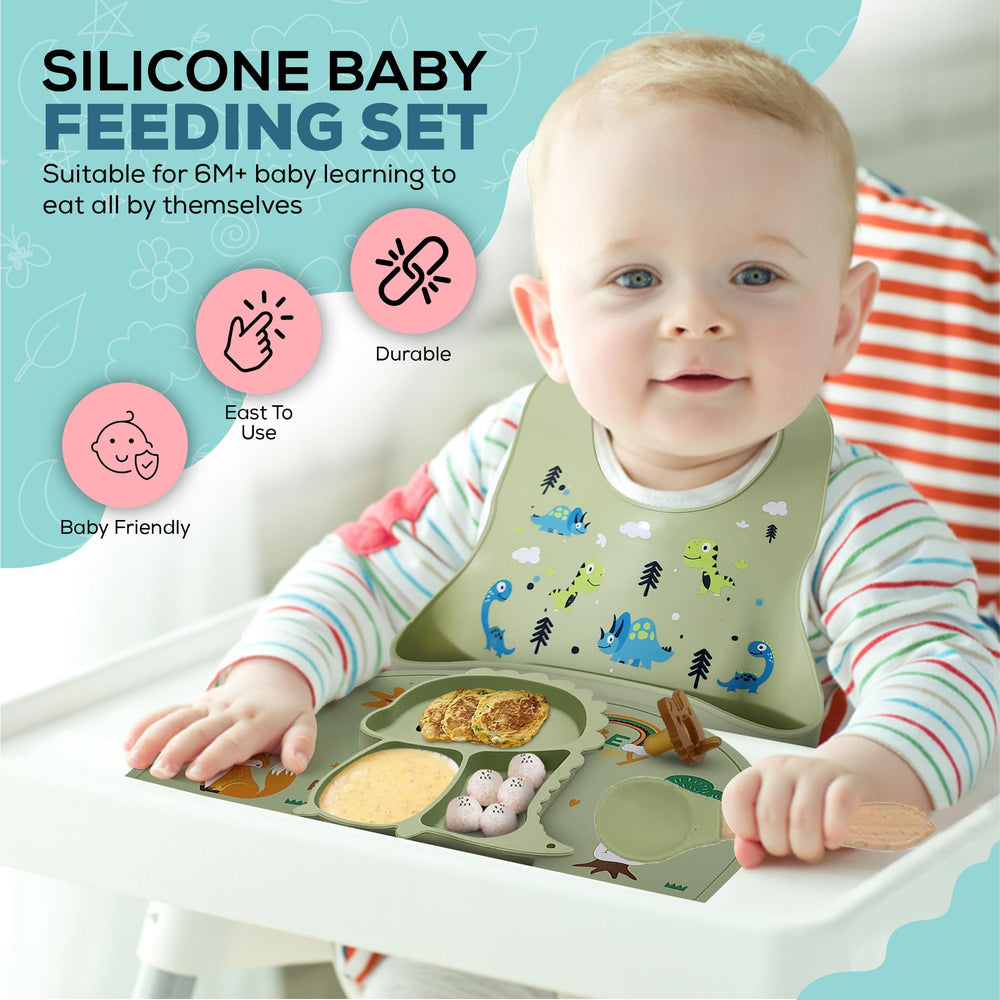 SiliTime dinosaur-themed bib protects outfits and catches drips