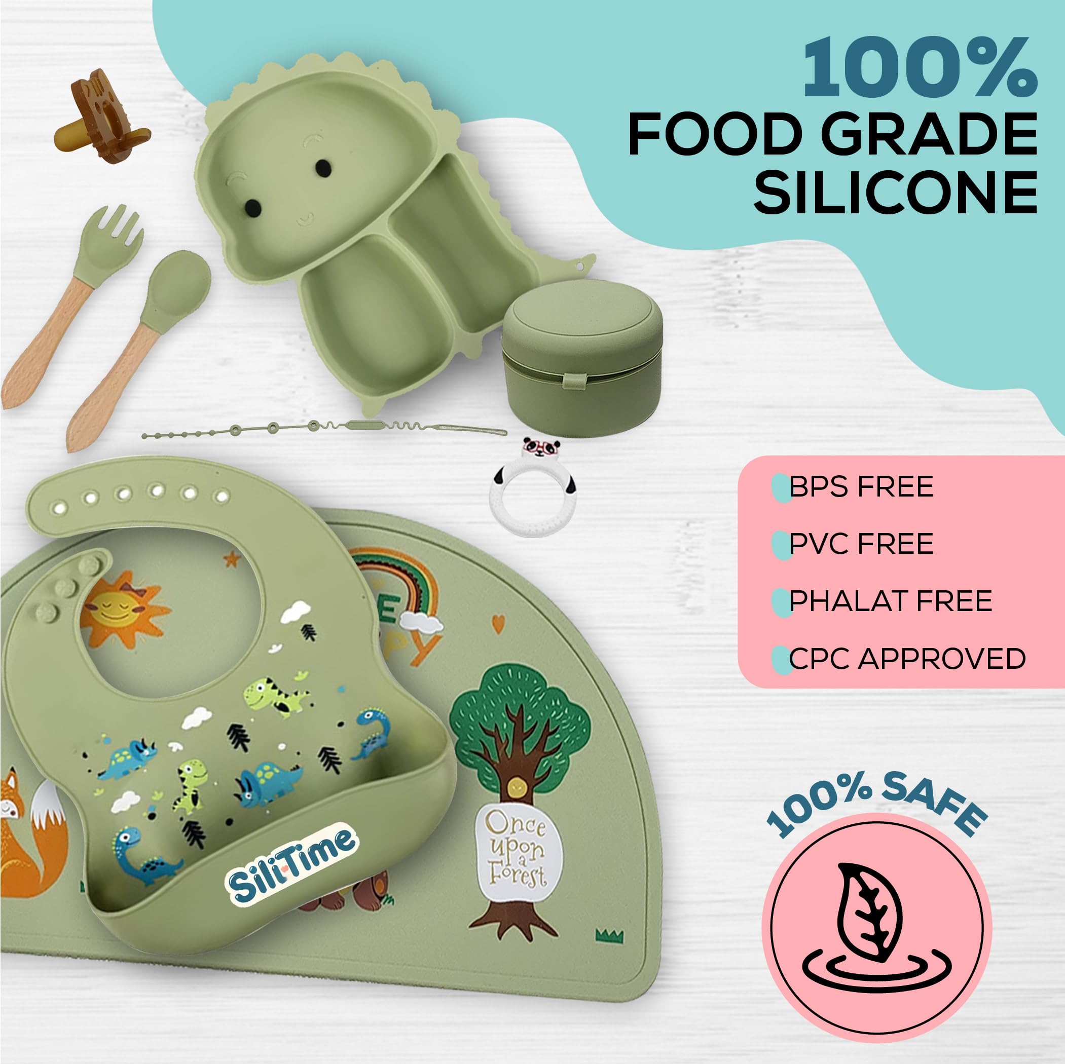 SiliTime dinosaur feeding set fork supports safe self-feeding for toddlers