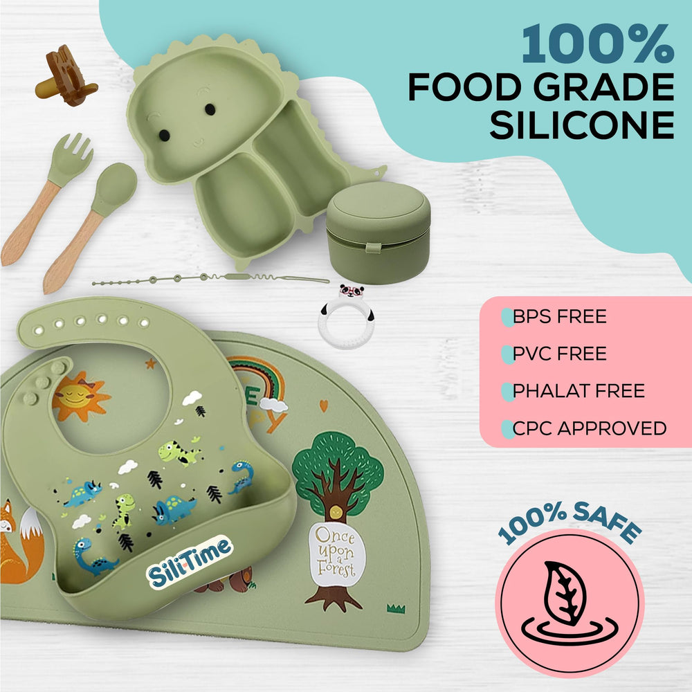 SiliTime dinosaur feeding set fork supports safe self-feeding for toddlers