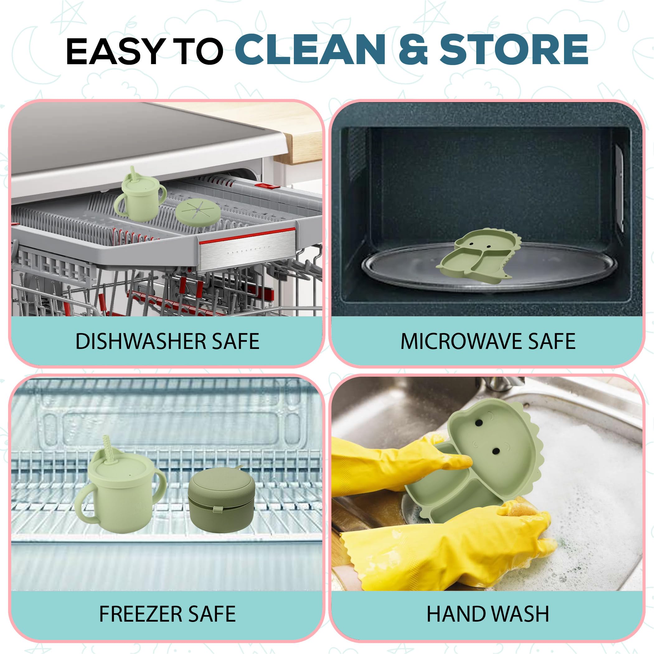 SiliTime dinosaur feeding set non-slip mat with food catcher reduces mess