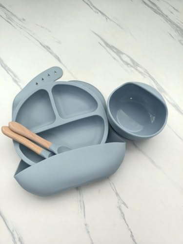 SiliBaby divided plate separates foods for balanced meals.