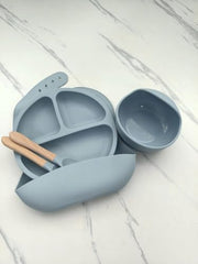 SiliBaby divided plate separates foods for balanced meals.