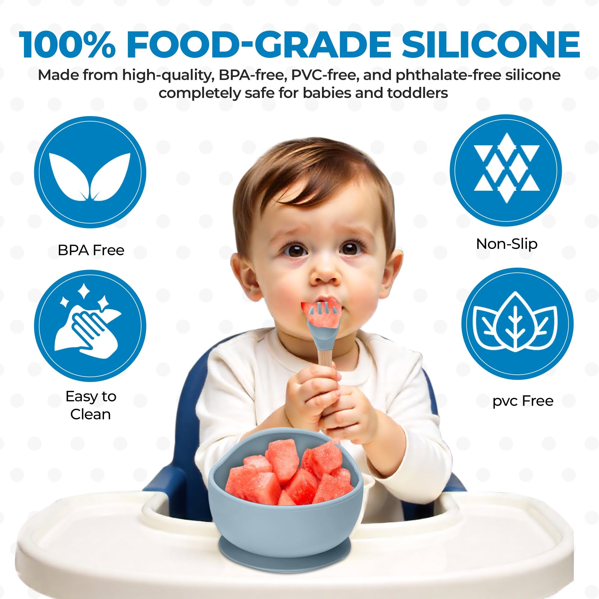 SiliBaby silicone fork with soft tips supports safe self-feeding.