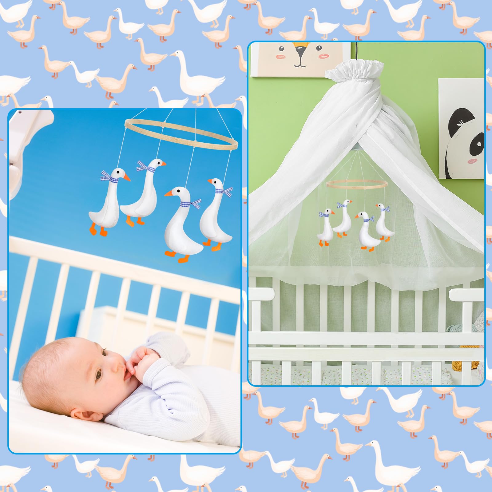 Silipull bamboo ring mobile with white geese in calming nursery decor