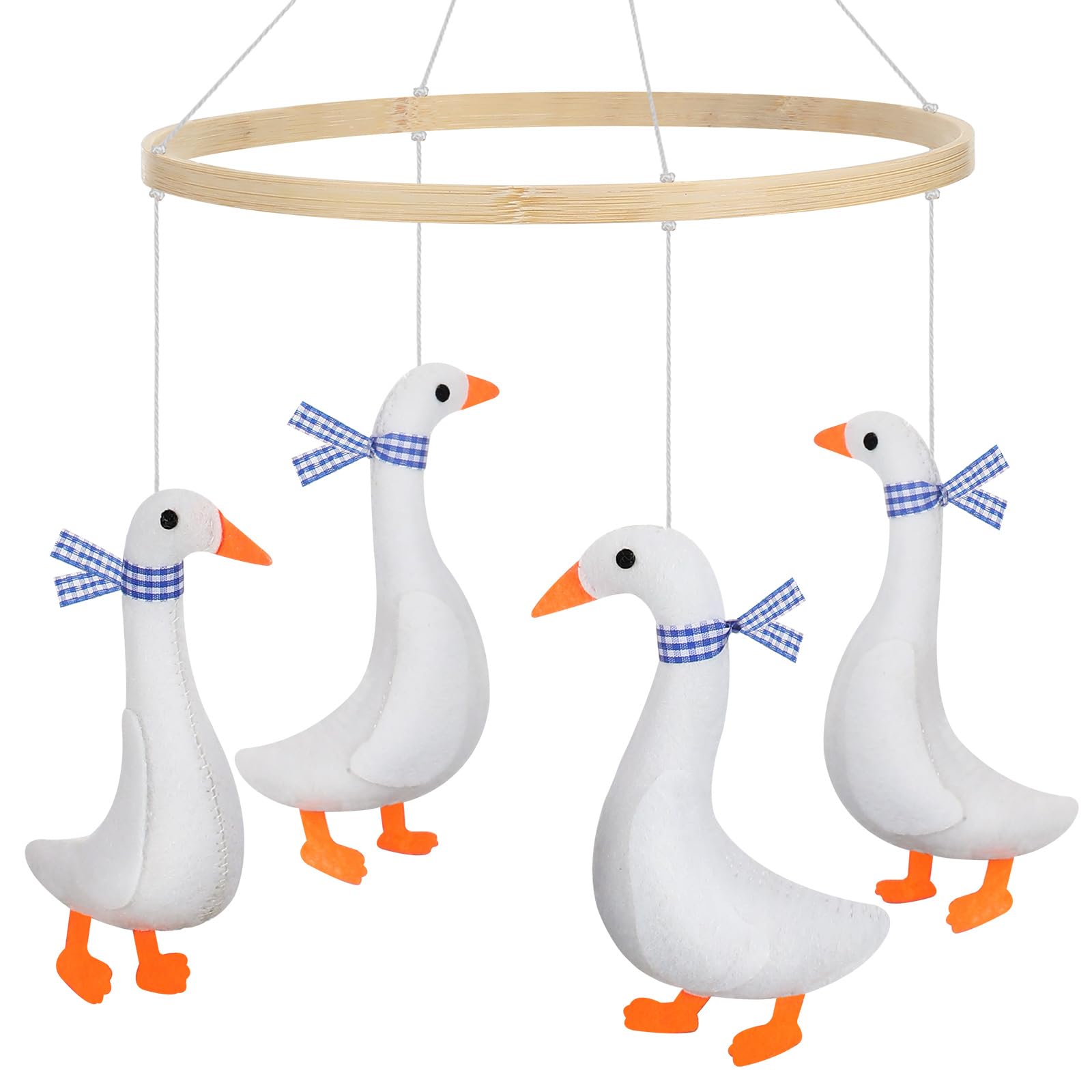 Silipull goose baby mobile hanging above crib for soothing visual play