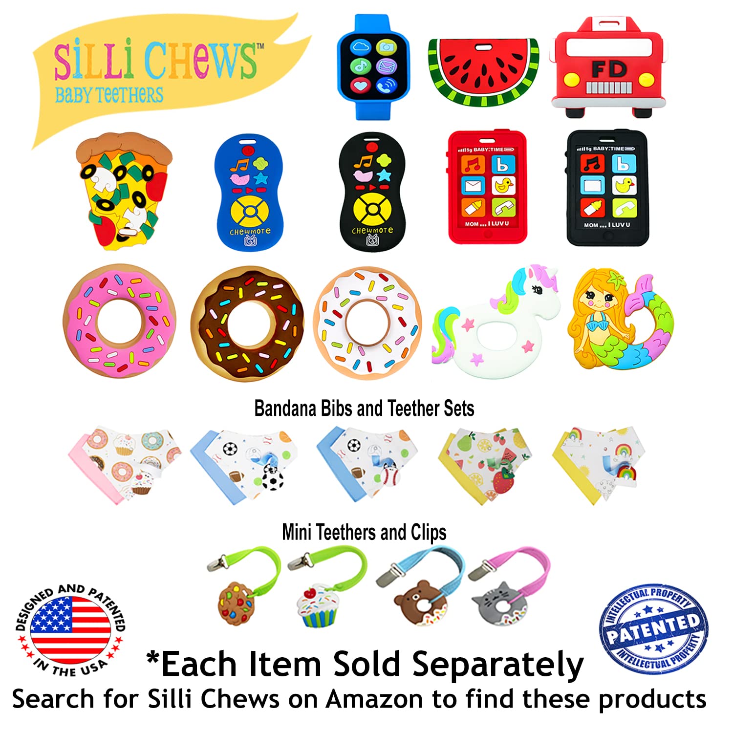 Silli Chews small baby teether with clip for secure handling.