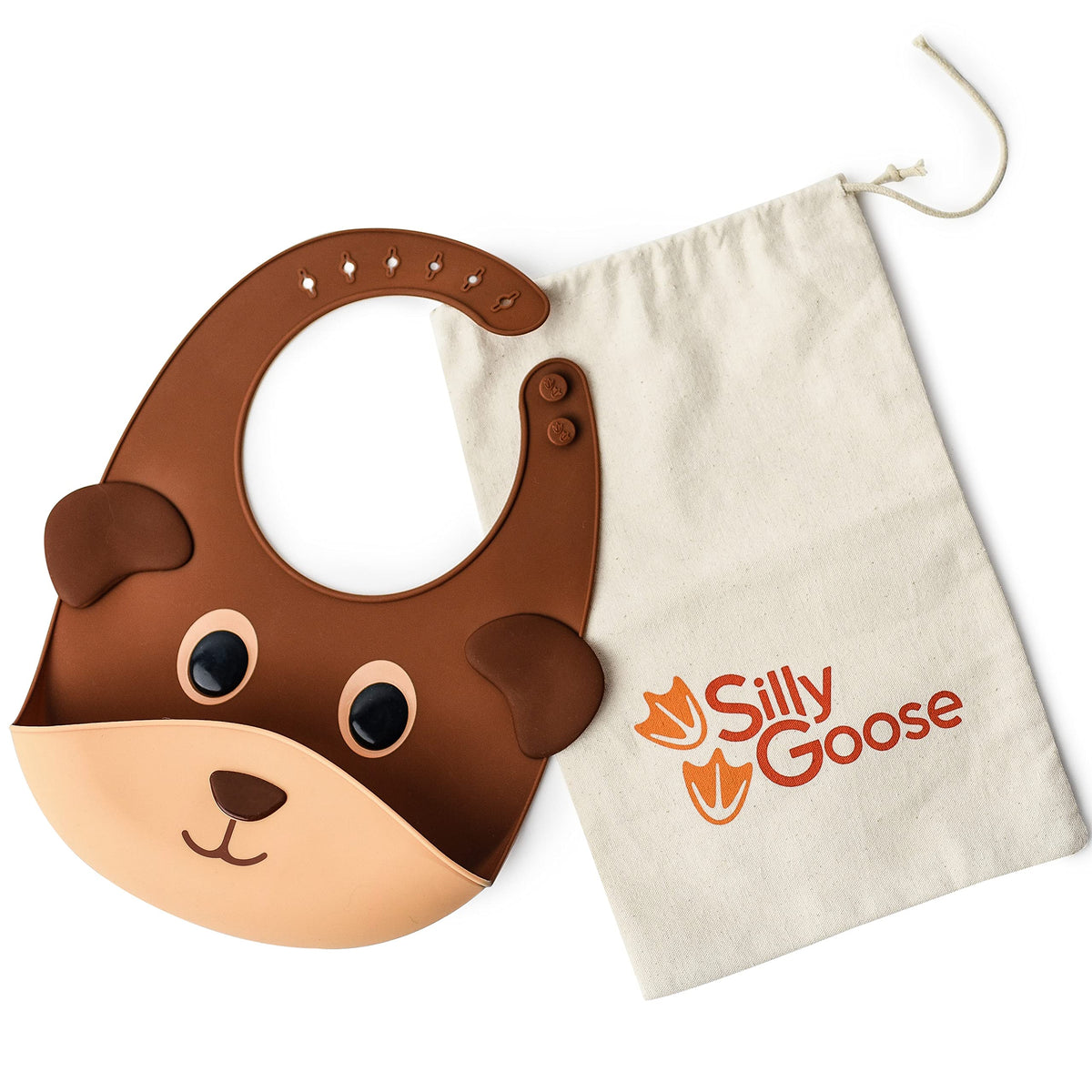 Silly Goose Baby Bear bib with adjustable closure for growing babies.