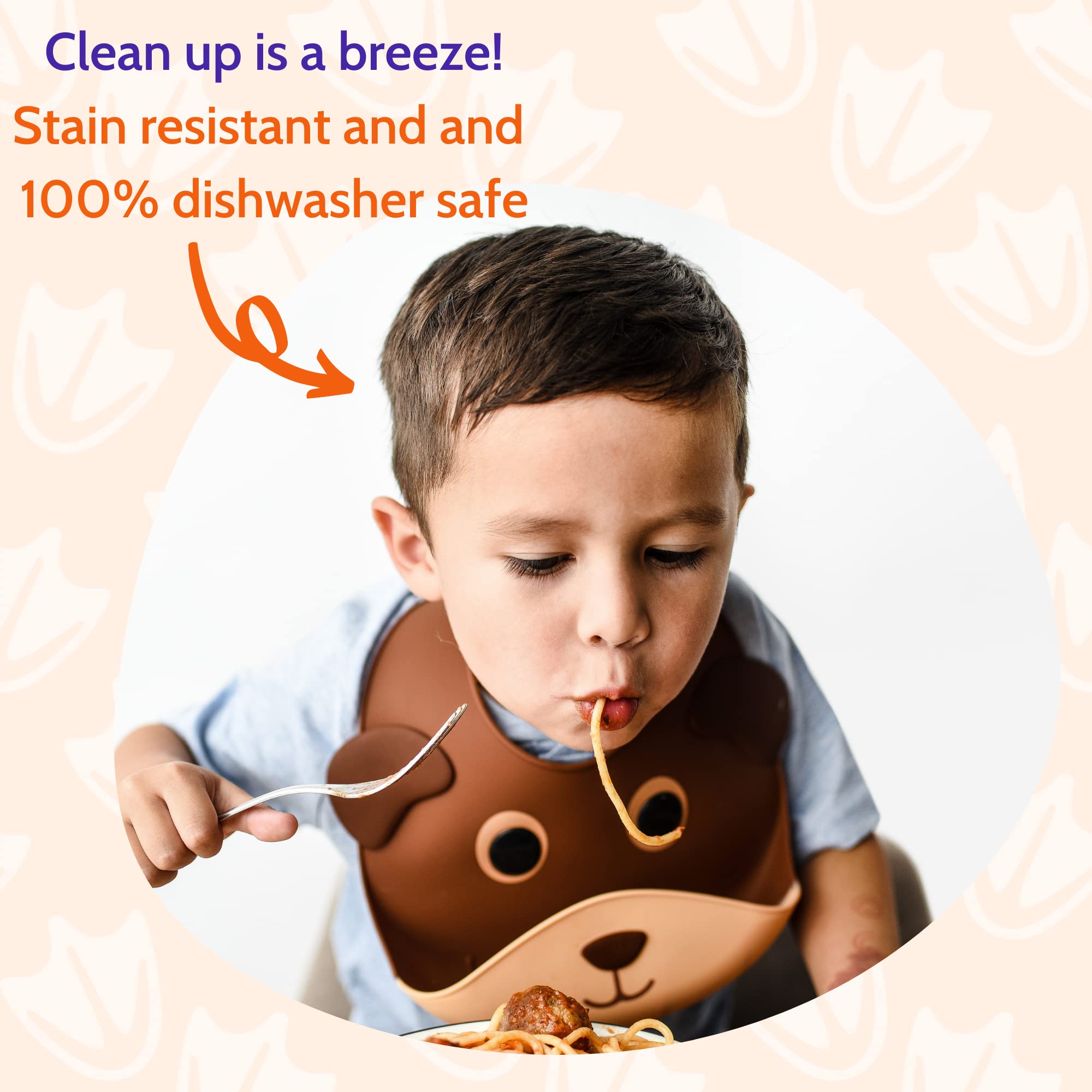 Silly Goose Bear bib made of waterproof silicone for easy wipe-clean meals.