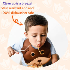 Silly Goose Bear bib made of waterproof silicone for easy wipe-clean meals.