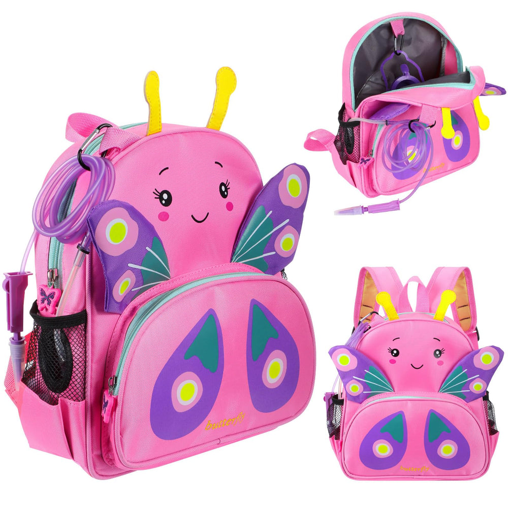 SilTriangle pink butterfly-pattern backpack for feeding tubes, on-the-go organization.