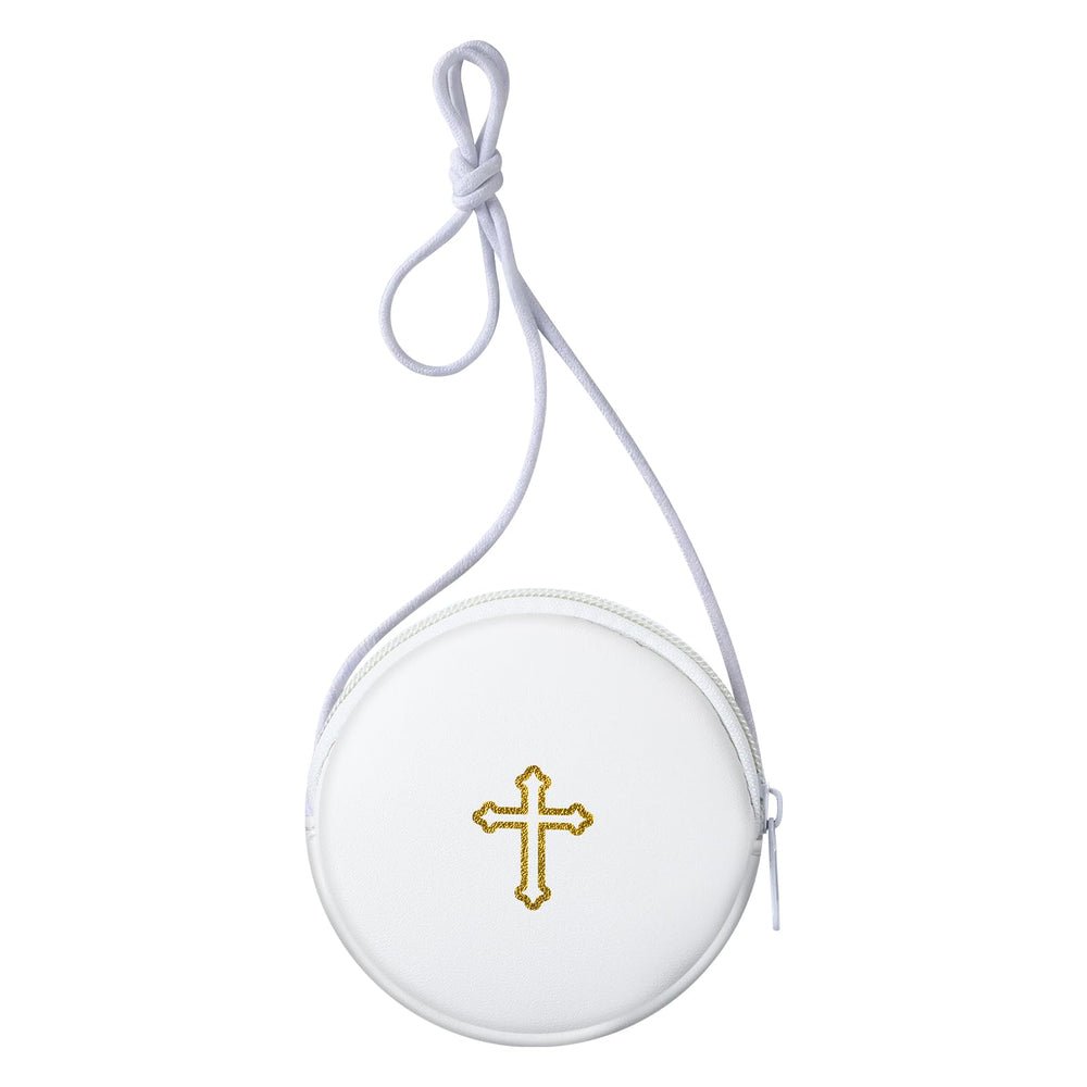 SilTriangle leather communion burse in white round design for dignified processions.