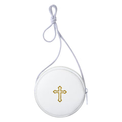 SilTriangle leather communion burse in white round design for dignified processions.