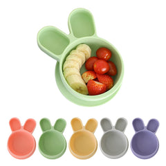 SILUNITY baby plates with suction in green rabbit design, ideal for mess-free self-feeding