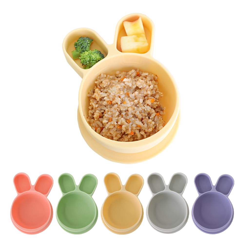 SILUNITY baby plate with suction on table in yellow rabbit design for mess-free feeding