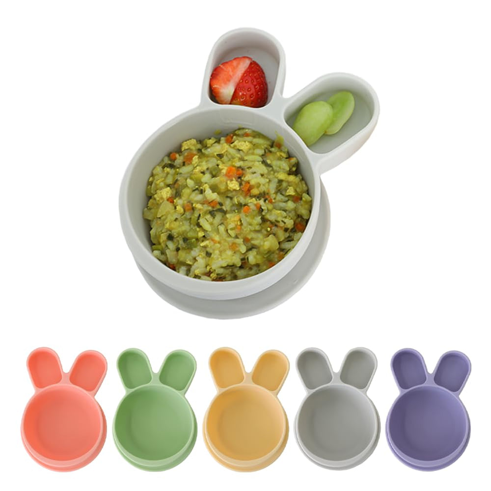 SILUNITY baby plate with suction in gray rabbit design on table for mess-free meals.