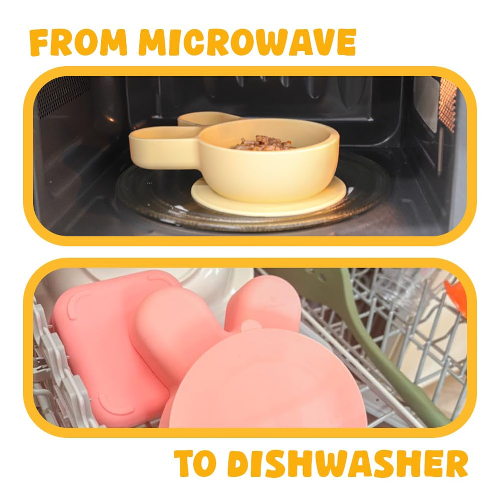 Close-up of SILUNITY yellow rabbit plate, dishwasher-safe for easy cleanup