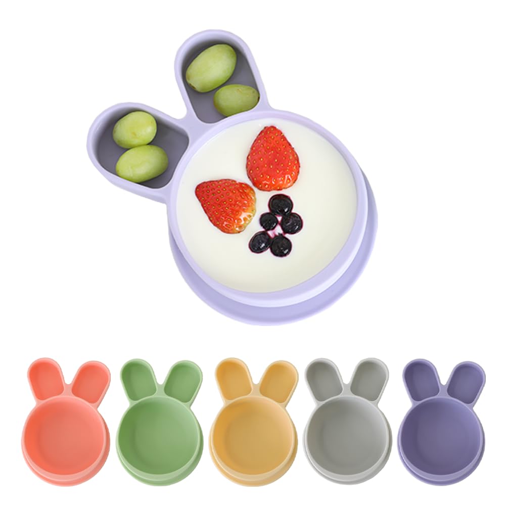 SILUNITY suction baby plate with purple rabbit on table for mess-free meals.