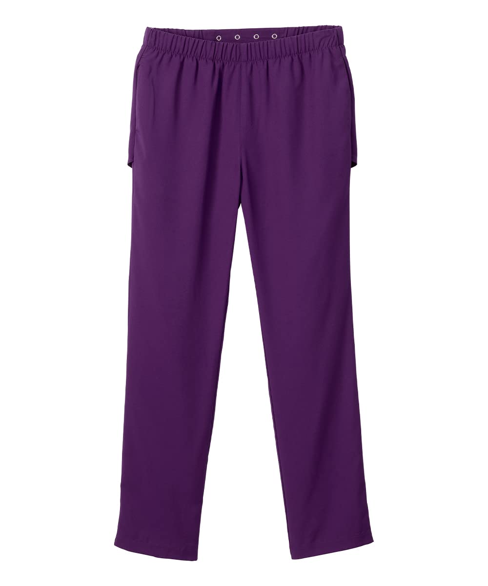 Silvert's open-back pants eggplant, front view, easy seated dressing and discreet coverage.