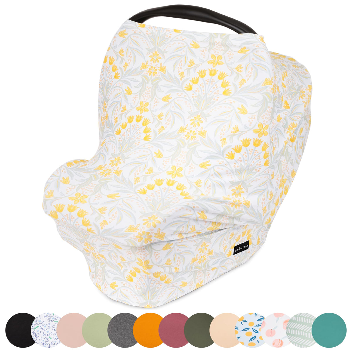 Simka Rose car seat cover with yellow flowers provides versatile baby protection and privacy.