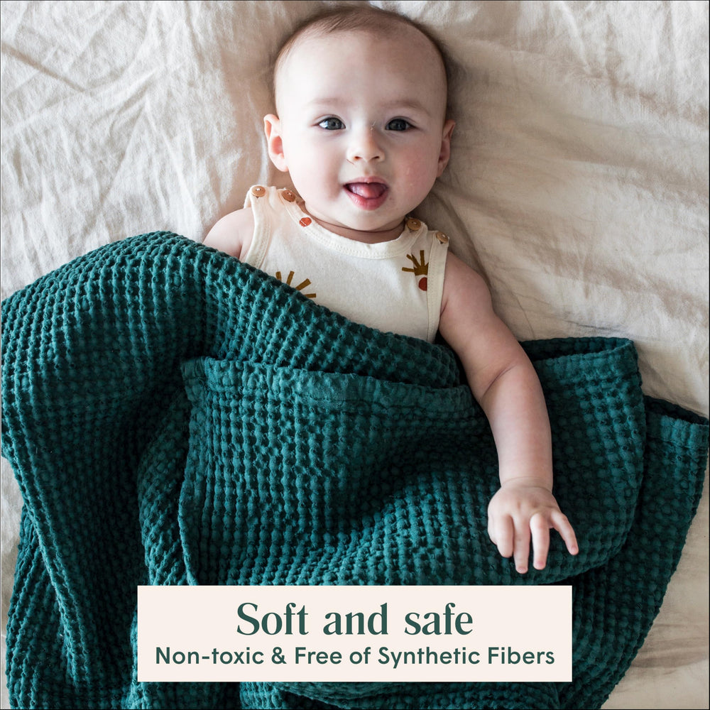 Simka Rose waffle blanket in a calm nursery setup