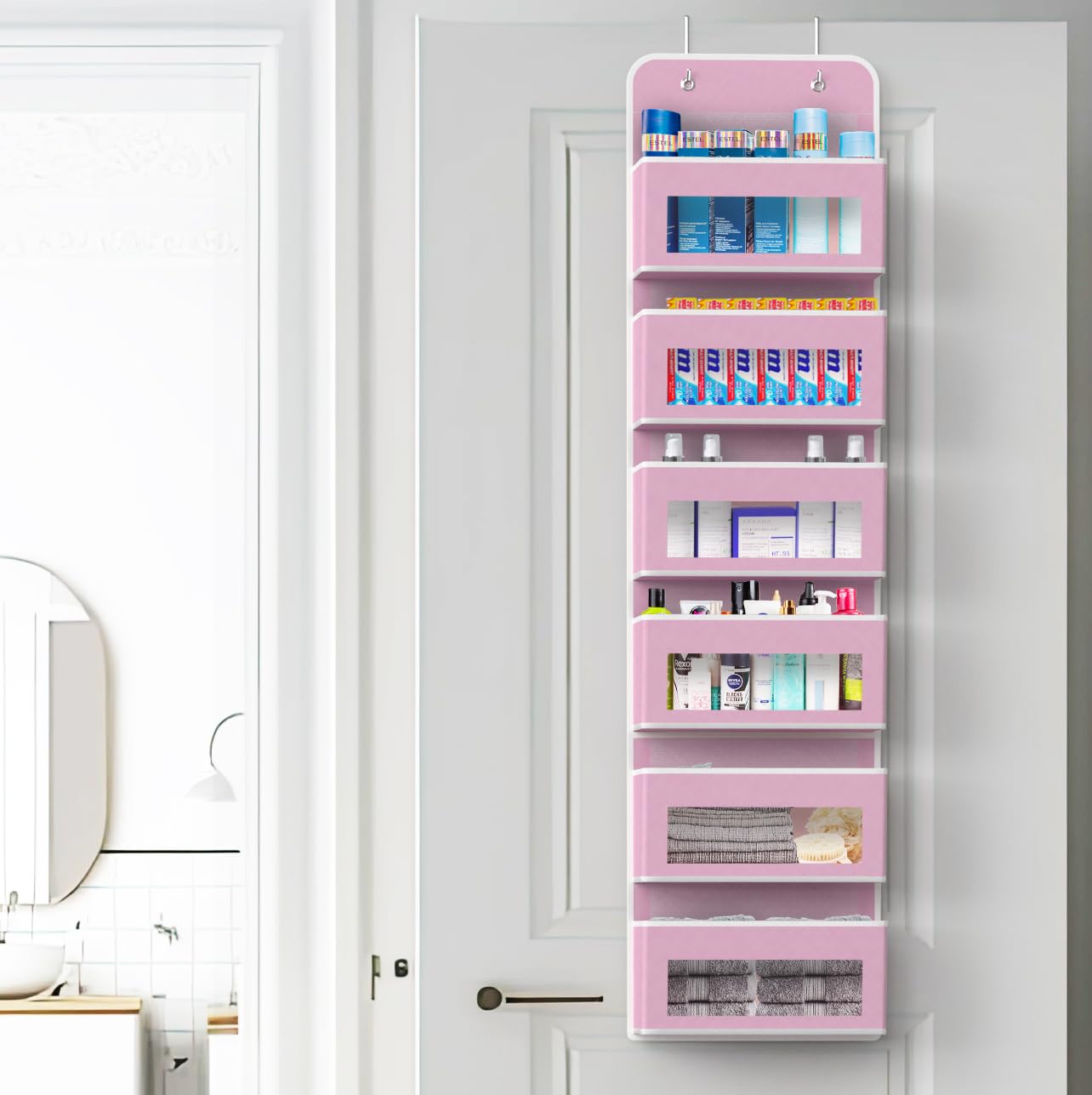 Simple Houseware pink vertical storage adds compact organization to bedrooms and baths.