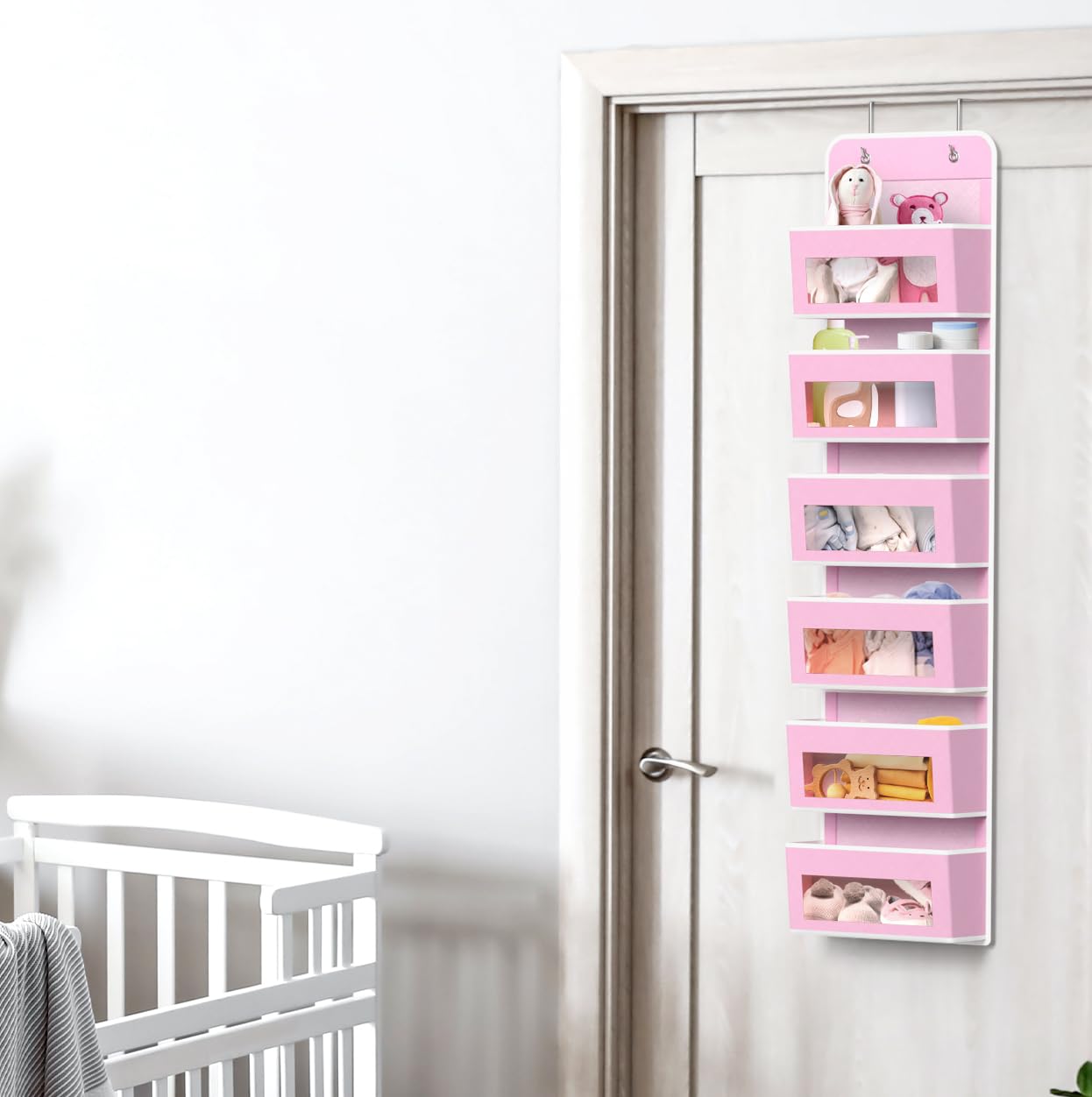Simple Houseware space-saving door storage keeps wipes and toiletries within reach.