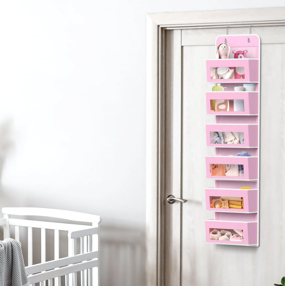 Simple Houseware space-saving door storage keeps wipes and toiletries within reach.