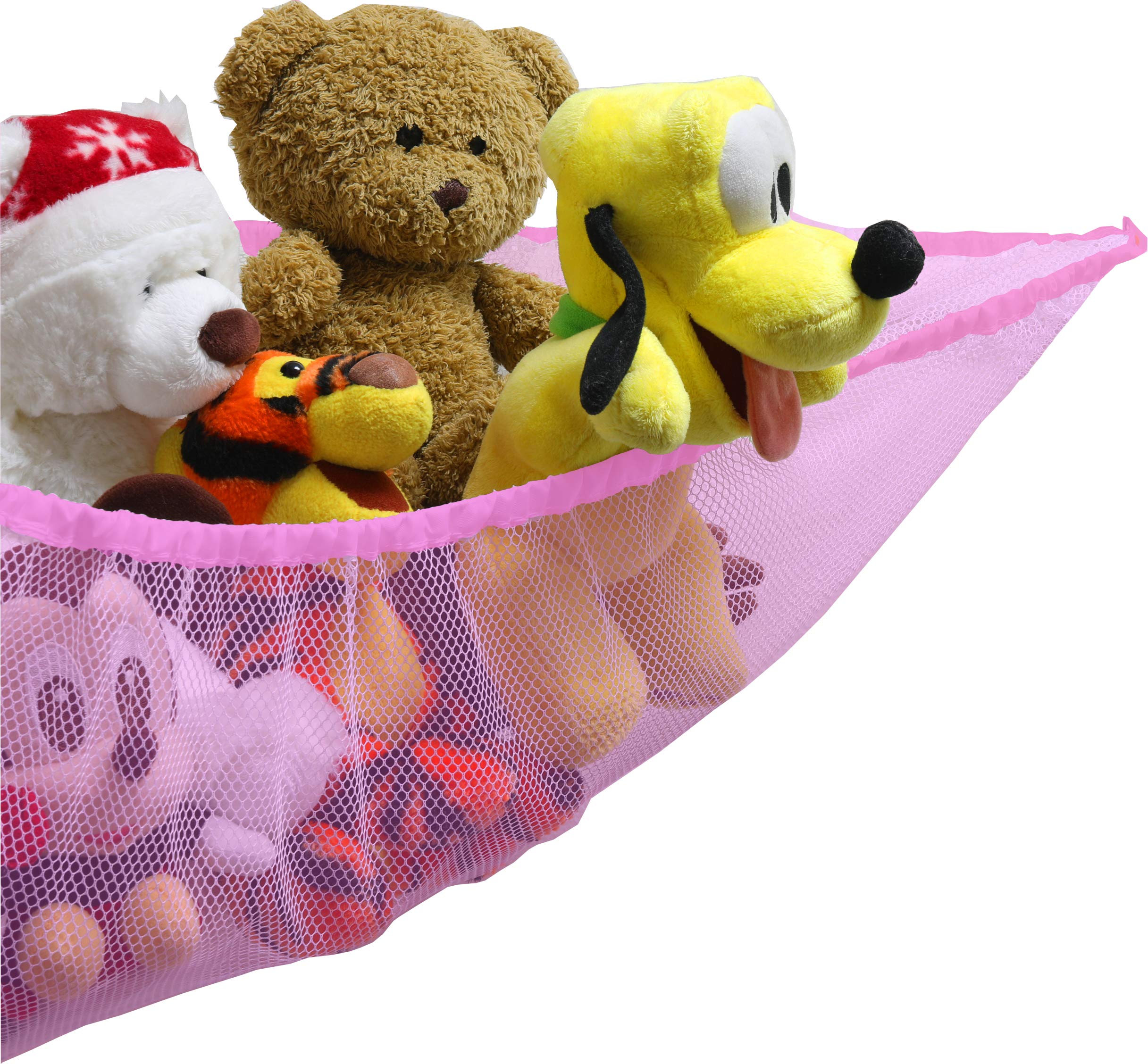 Simple Houseware corner-mount hammock neatly displays plush toys without floor clutter.